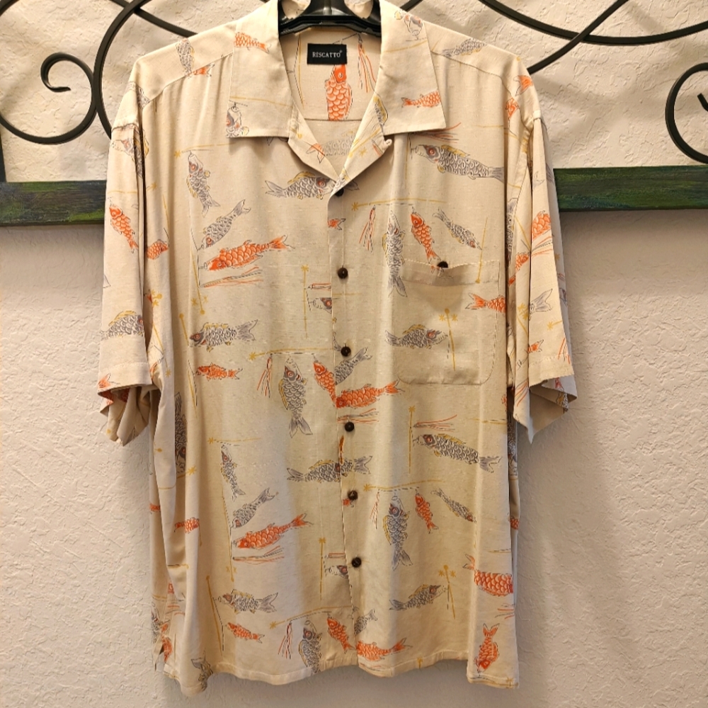 100% Silk RISCATTO Men's Shirt Koi Fish Design Vintage Size XXL